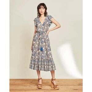 Veronica Beard Tinzia Floral Button Front Midi Dress Steel Blue Size S